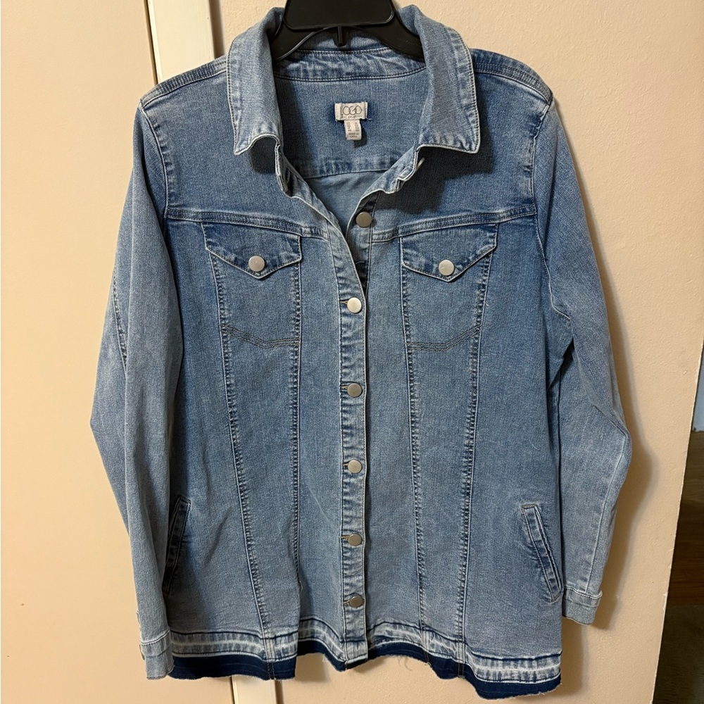 LOGO Lori Goldstein Blue Denim Jacket Button Down Faux Pockets Sz 16 46x30